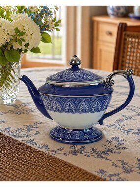 Bombay Blue & White Ceramic Teapot With Silver Accents 7" High Vintage 90s